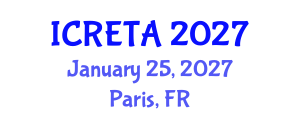 International Conference on Renewable Energy Technology and Applications (ICRETA) January 25, 2027 - Paris, France International Conference on Renewable Energy Technology and Applications (ICRETA) January 25, 2027 - Paris, France