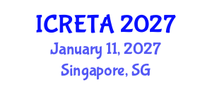 International Conference on Renewable Energy Technology and Applications (ICRETA) January 11, 2027 - Singapore, Singapore International Conference on Renewable Energy Technology and Applications (ICRETA) January 11, 2027 - Singapore, Singapore